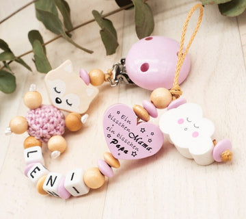 Schnullerkette mit Namen Mädchen Ein bisschen Mama Papa + Wolke + Fuchs Schnullerkette minipishop Schnullerkette
