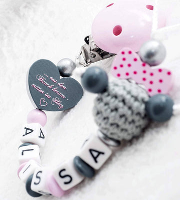 Schnullerkette mit Namen Mädchen Mini Prinzessin + Häkelperlen Maus mit Schleife grau rosa