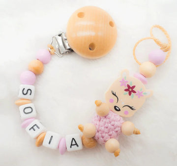 Schnullerkette mit Namen Mädchen Reh + Häkelperle rosa Holzclip Schnullerkette minipishop