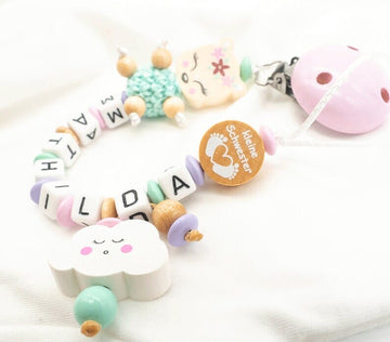Schnullerkette mit Namen Mädchen Reh + kleine Schwester mint rosa natur Schnullerkette minipishop