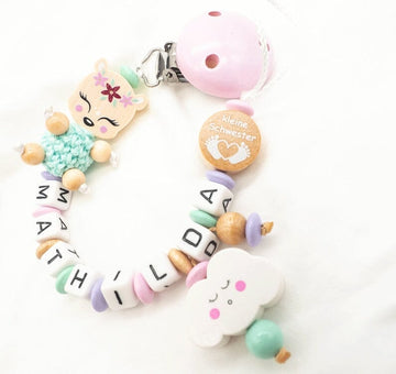 Schnullerkette mit Namen Mädchen Reh + kleine Schwester mint rosa natur Schnullerkette minipishop Schnullerkette