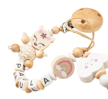 Schnullerkette mit Namen Mädchen Reh mit Häkelperle + Regenbogen + Wolke Schnullerkette minipishop