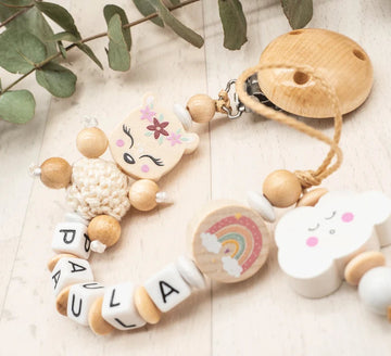 Schnullerkette mit Namen Mädchen Reh mit Häkelperle + Regenbogen + Wolke Schnullerkette minipishop Schnullerkette