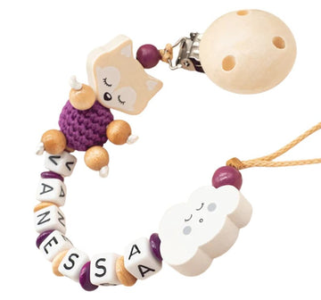 Schnullerkette mit Namen Mädchen Traum Fuchs + schlafende Wolke lila Schnullerkette minipishop