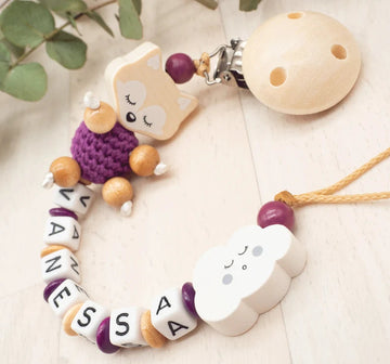 Schnullerkette mit Namen Mädchen Traum Fuchs + schlafende Wolke lila Schnullerkette minipishop Schnullerkette