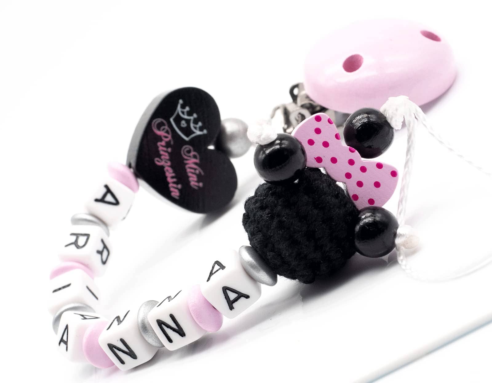 Schnullerkette mit Namen Mini Prinzessin + Maus mit Schleife rosa silber schwarz Schnullerkette minipishop 