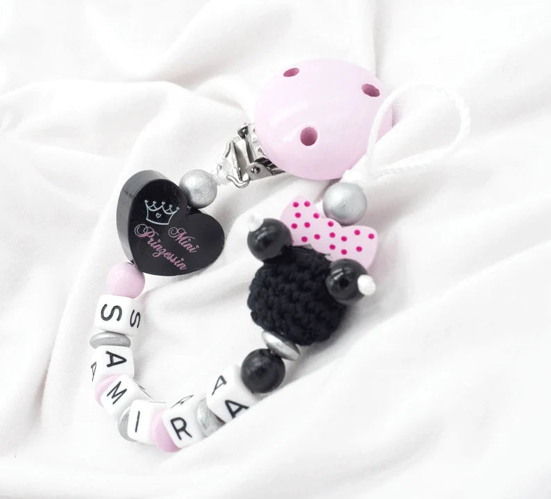 Schnullerkette mit Namen Mini Prinzessin + Maus mit Schleife rosa silber schwarz Schnullerkette minipishop Schnullerkette 