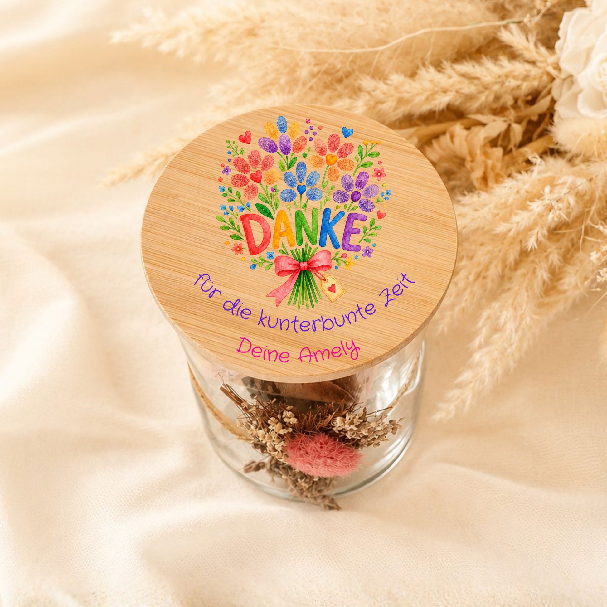 Abschiedsgeschenk Erzieherin für den Kita Abschied, Personalisiertes Vorratsglas Holz Auto MiniPiShop Danke Blumenstrauß 