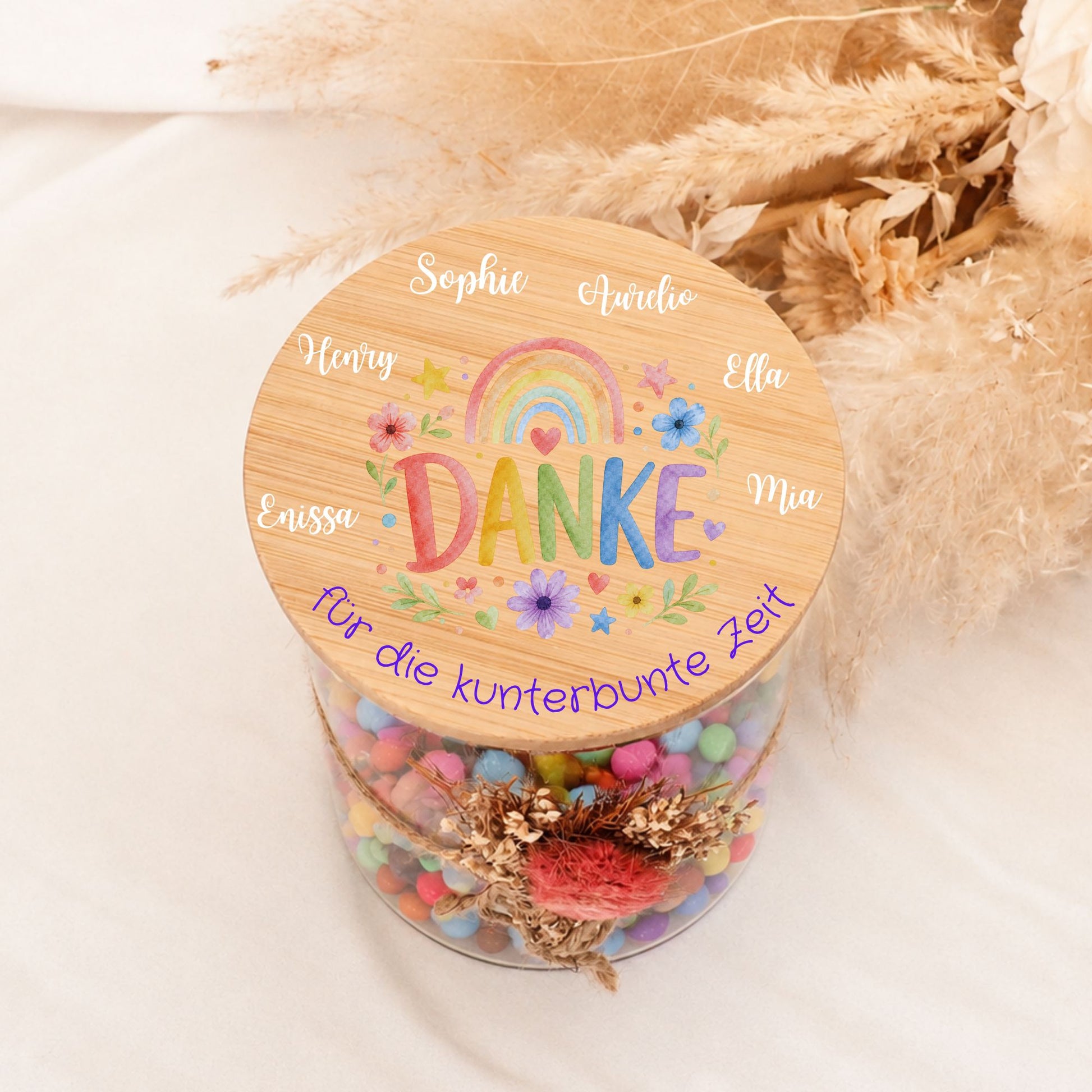 Abschiedsgeschenk Erzieherin für den Kita Abschied, Personalisiertes Vorratsglas Holz Auto MiniPiShop Danke Pastel Regenbogen 