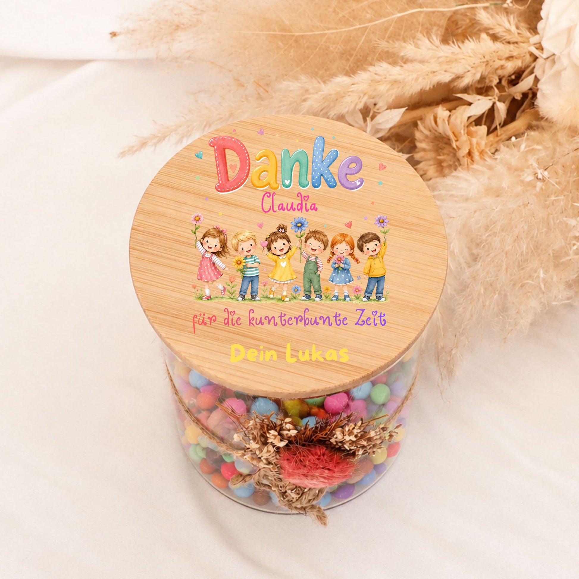 Abschiedsgeschenk Erzieherin für den Kita Abschied, Personalisiertes Vorratsglas Holz Auto MiniPiShop Danke tanzende Kinder 