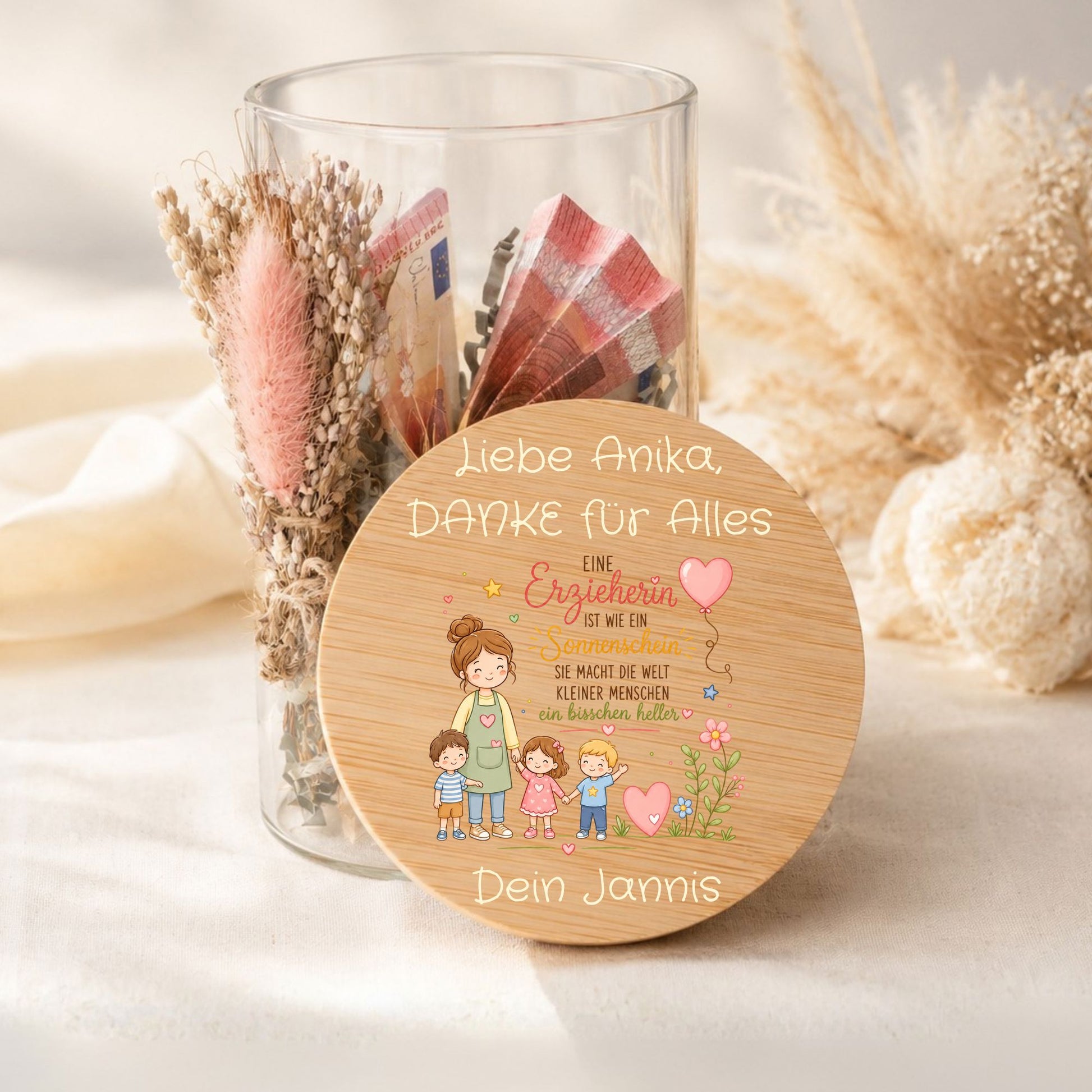 Abschiedsgeschenk Erzieherin für den Kita Abschied, Personalisiertes Vorratsglas Holz Auto MiniPiShop Eine Erzieherin ist Sonnenschein 
