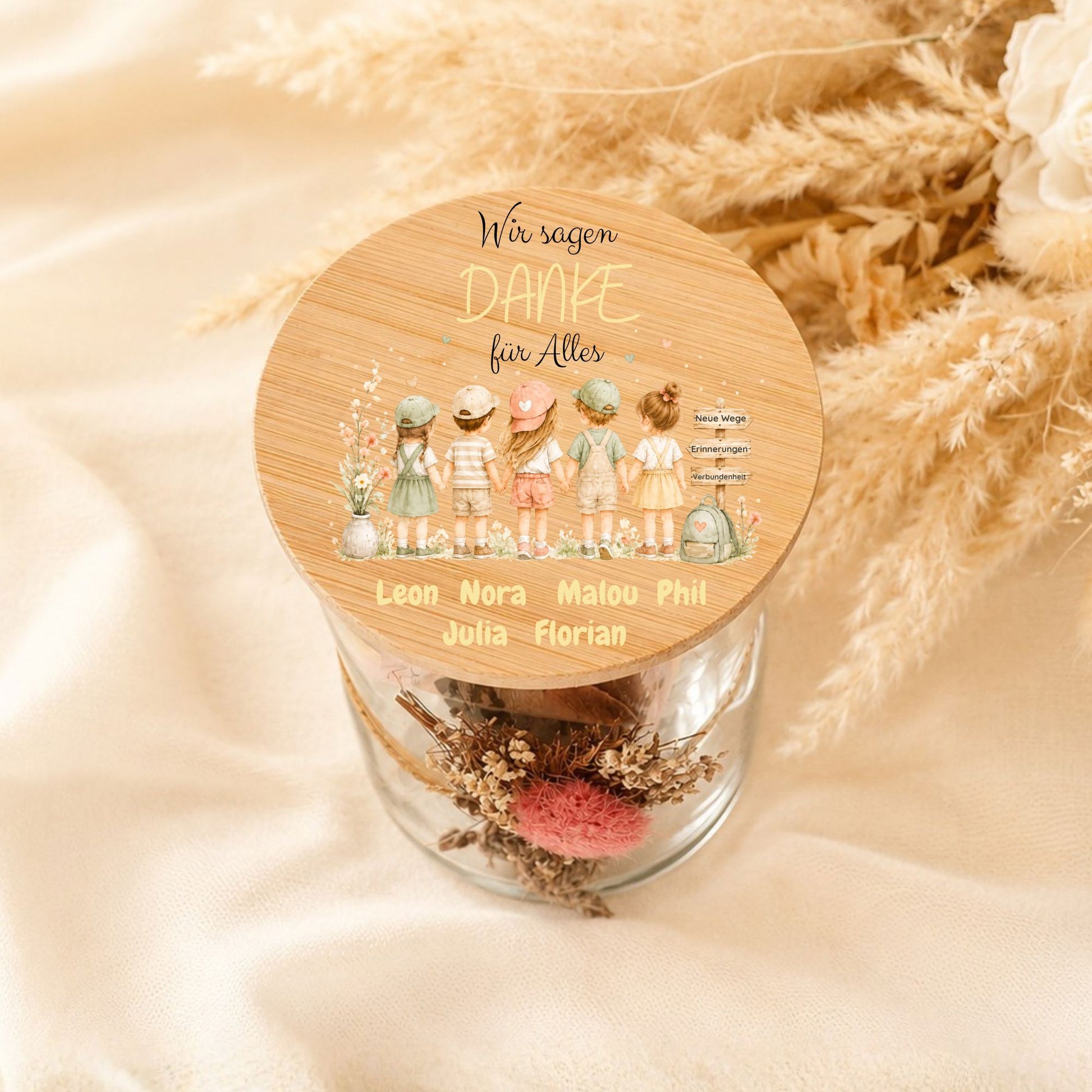 Abschiedsgeschenk Erzieherin für den Kita Abschied, Personalisiertes Vorratsglas Holz Auto MiniPiShop Kita Kinder an der Hand 