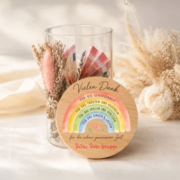 Abschiedsgeschenk Erzieherin für den Kita Abschied, Personalisiertes Vorratsglas Holz Auto MiniPiShop Vielen Dank Regenbogen 