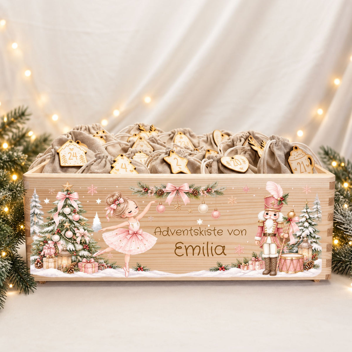 Adventskiste personalisiert Ballerina und Nussknacker Adventskalender MiniPiShop Komplett:Holzkiste+Zahlenanhänger+24 Säckchen 