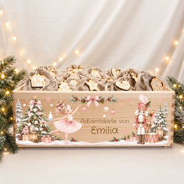 Adventskiste personalisiert Ballerina und Nussknacker Adventskalender MiniPiShop Komplett:Holzkiste+Zahlenanhänger+24 Säckchen 