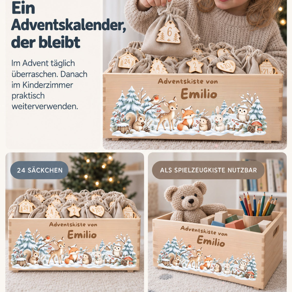 Adventskiste personalisiert für Kinder Motiv Waldtiere im Schnee Adventskalender MiniPiShop 