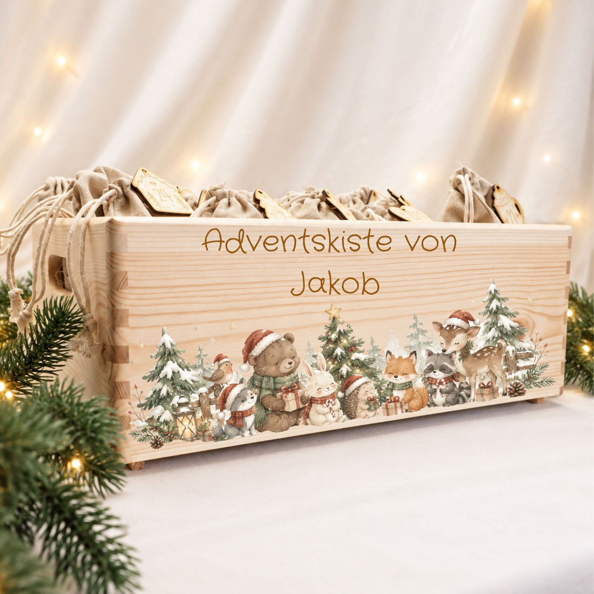 Adventskiste personalisiert für Kinder Motiv Waldtiere im Schnee Adventskalender MiniPiShop 