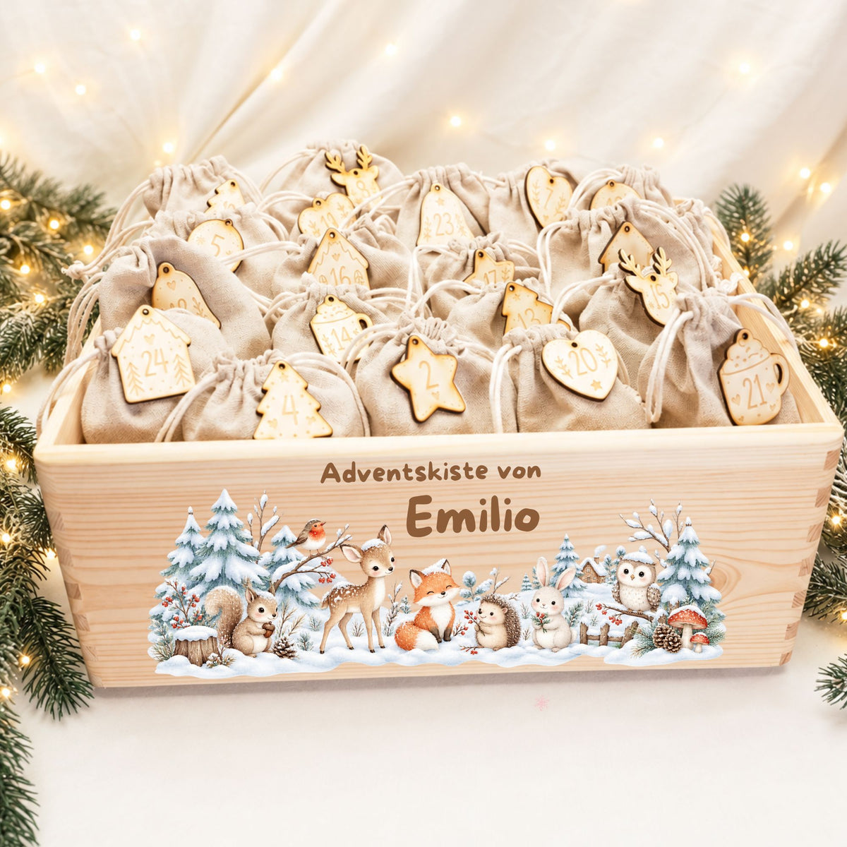 Adventskiste personalisiert für Kinder Motiv Waldtiere im Schnee Adventskalender MiniPiShop 