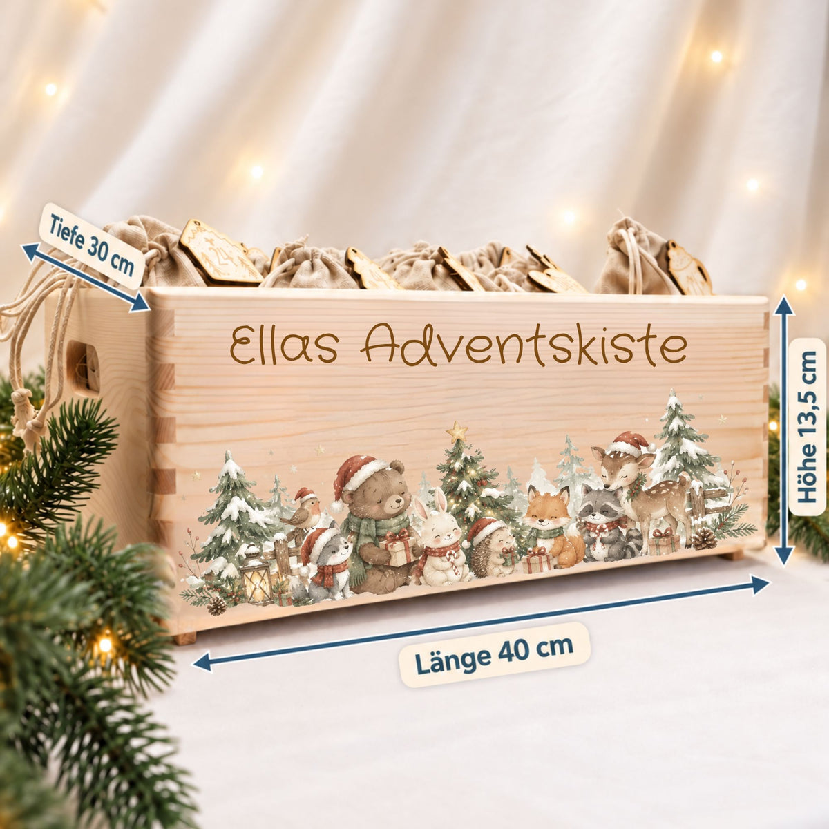 Adventskiste personalisiert für Kinder Motiv Waldtiere im Schnee Adventskalender MiniPiShop 