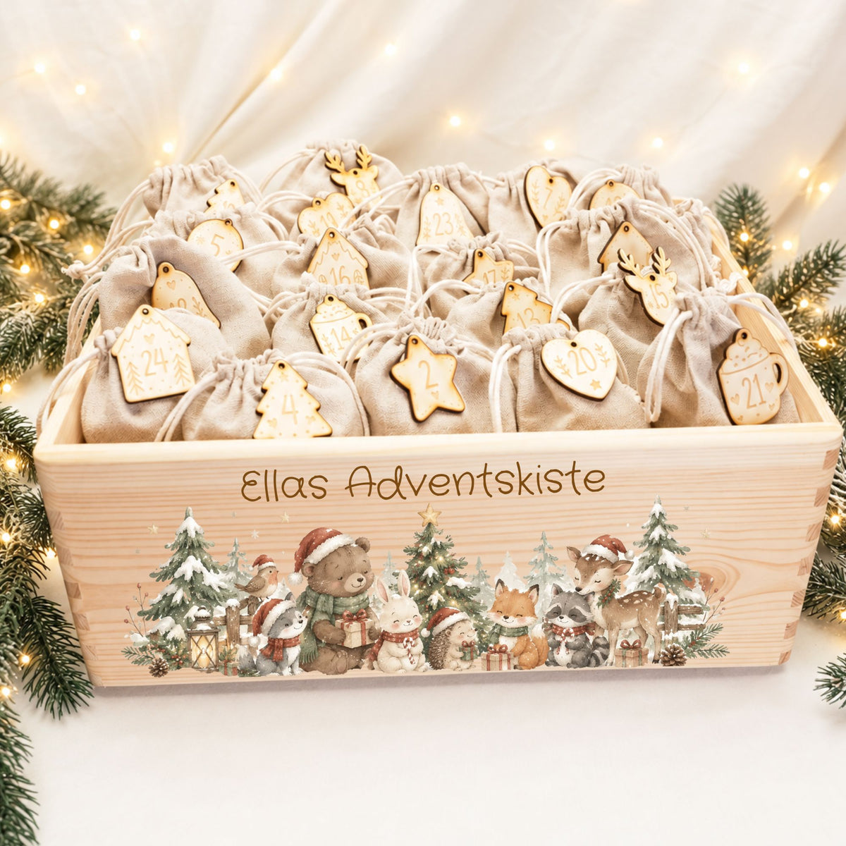 Adventskiste personalisiert für Kinder Motiv Waldtiere im Schnee Adventskalender MiniPiShop 