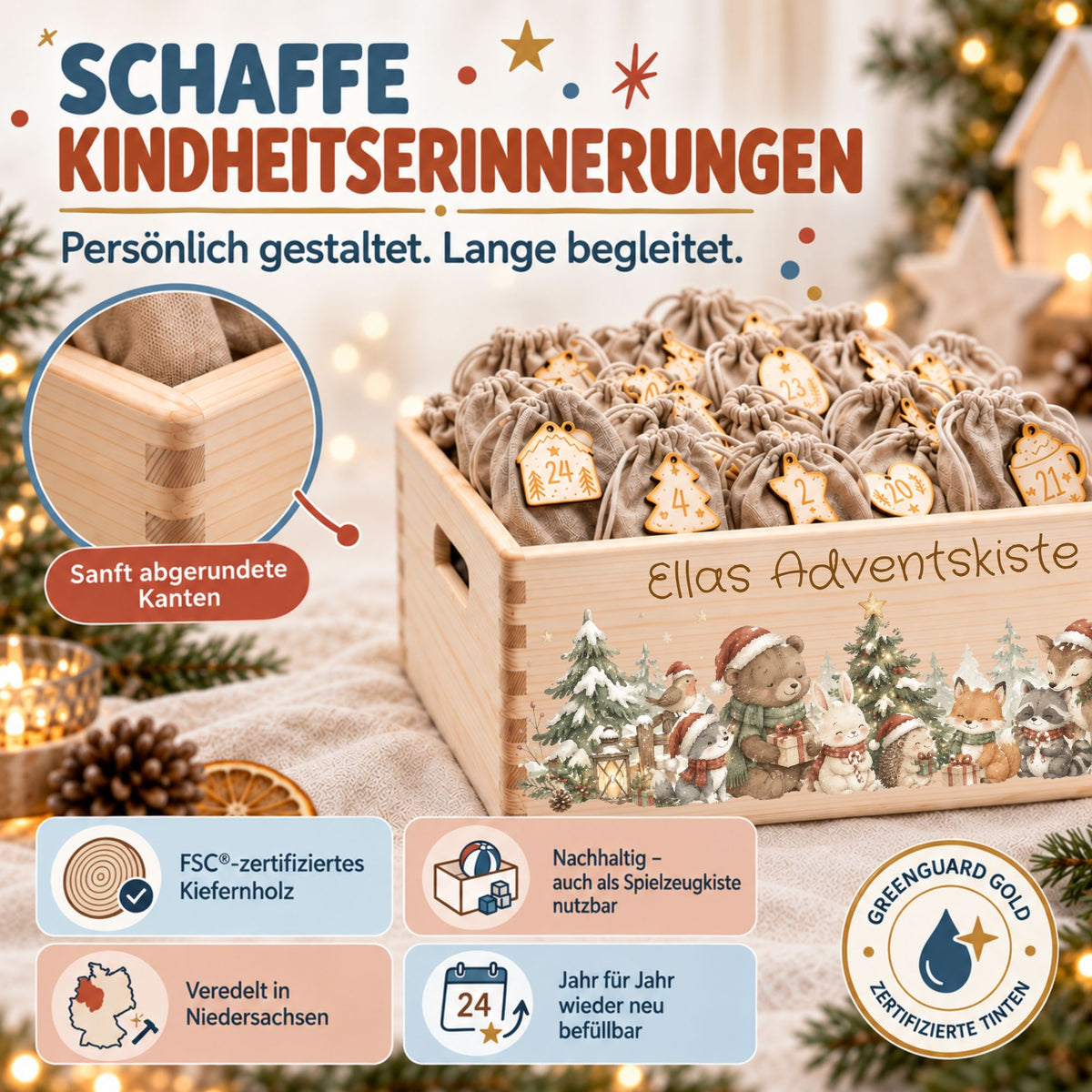 Adventskiste personalisiert für Kinder Motiv Waldtiere im Schnee Adventskalender MiniPiShop 