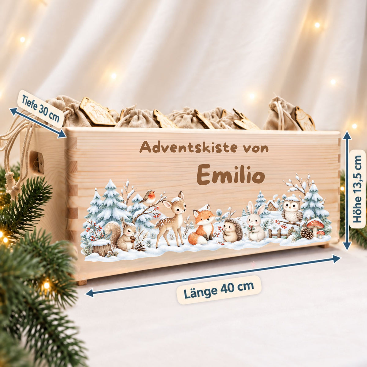 Adventskiste personalisiert für Kinder Motiv Waldtiere im Schnee Adventskalender MiniPiShop 