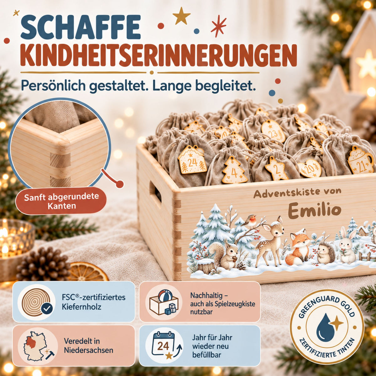 Adventskiste personalisiert für Kinder Motiv Waldtiere im Schnee Adventskalender MiniPiShop 