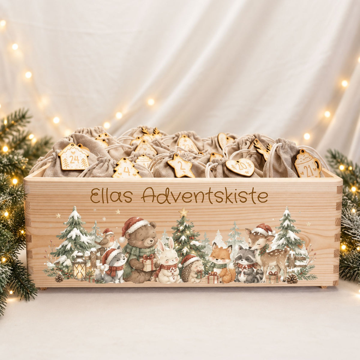 Adventskiste personalisiert für Kinder Motiv Waldtiere im Schnee Adventskalender MiniPiShop Komplett:Holzkiste+Zahlenanhänger+24 Säckchen 