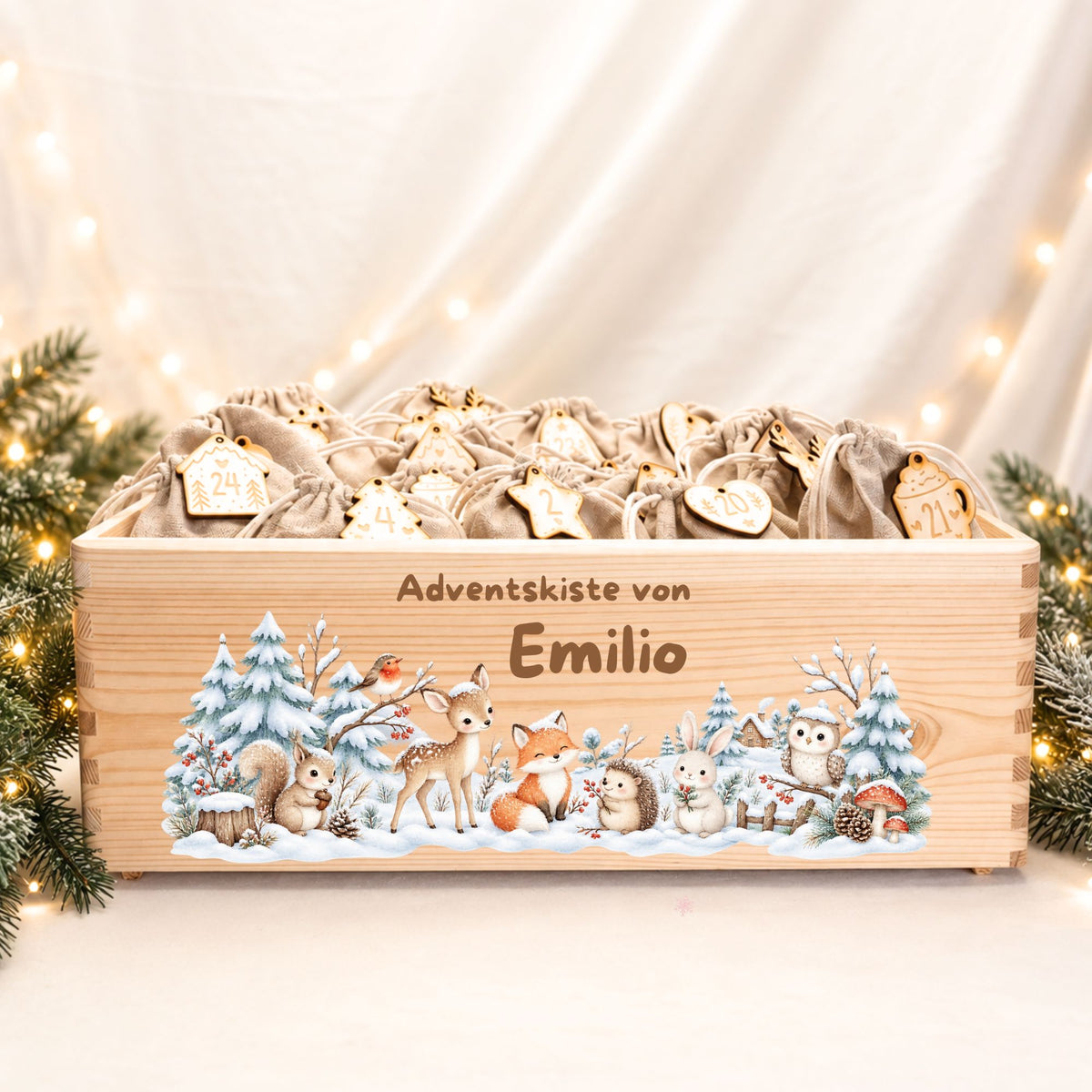 Adventskiste personalisiert für Kinder Motiv Waldtiere im Schnee Adventskalender MiniPiShop Komplett:Holzkiste+Zahlenanhänger+24 Säckchen 