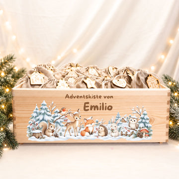 Adventskiste personalisiert für Kinder Motiv Waldtiere im Schnee Adventskalender MiniPiShop Komplett:Holzkiste+Zahlenanhänger+24 Säckchen 