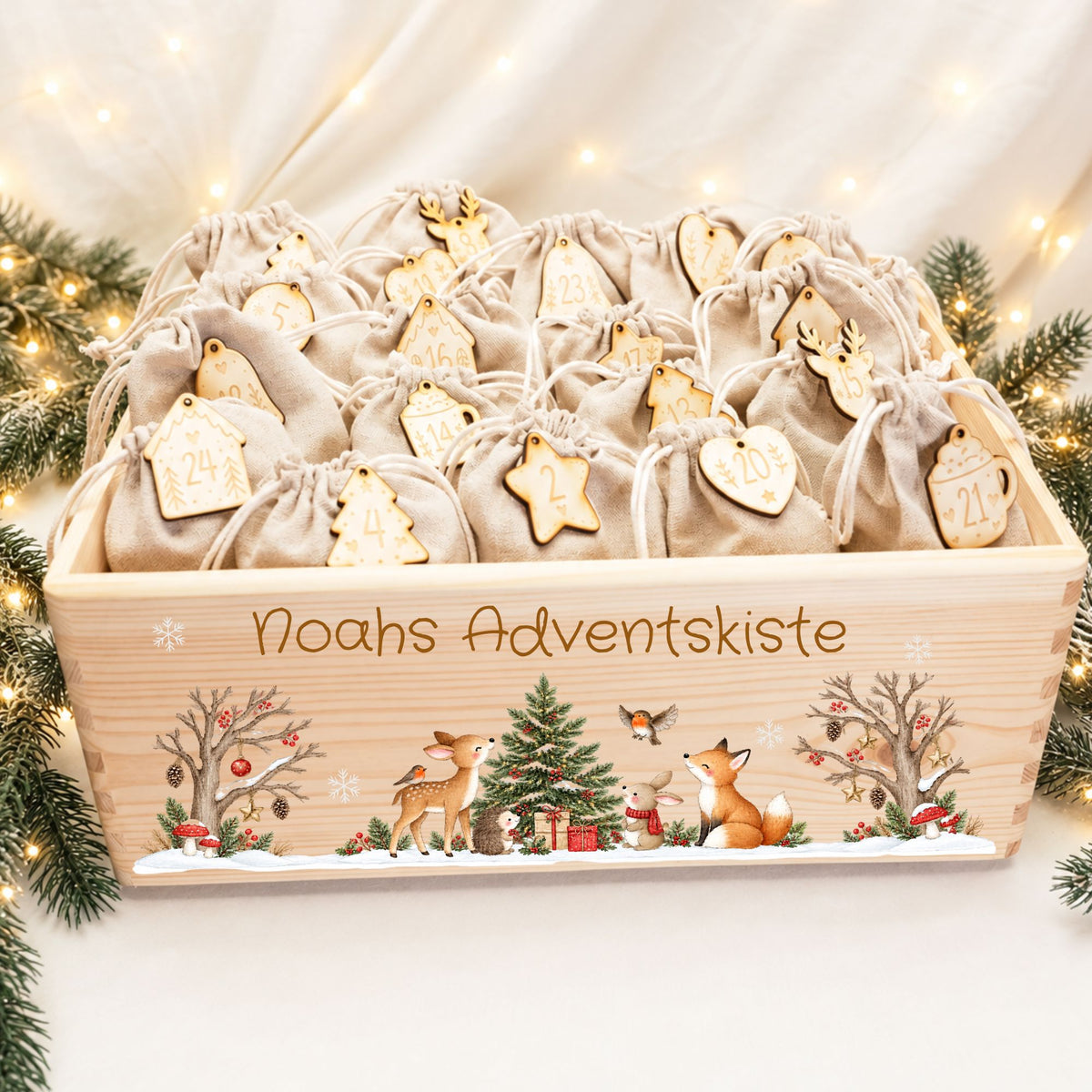 Adventskiste personalisiert für Kinder Motiv Waldtiere Reh und Fuchs Adventskalender MiniPiShop 