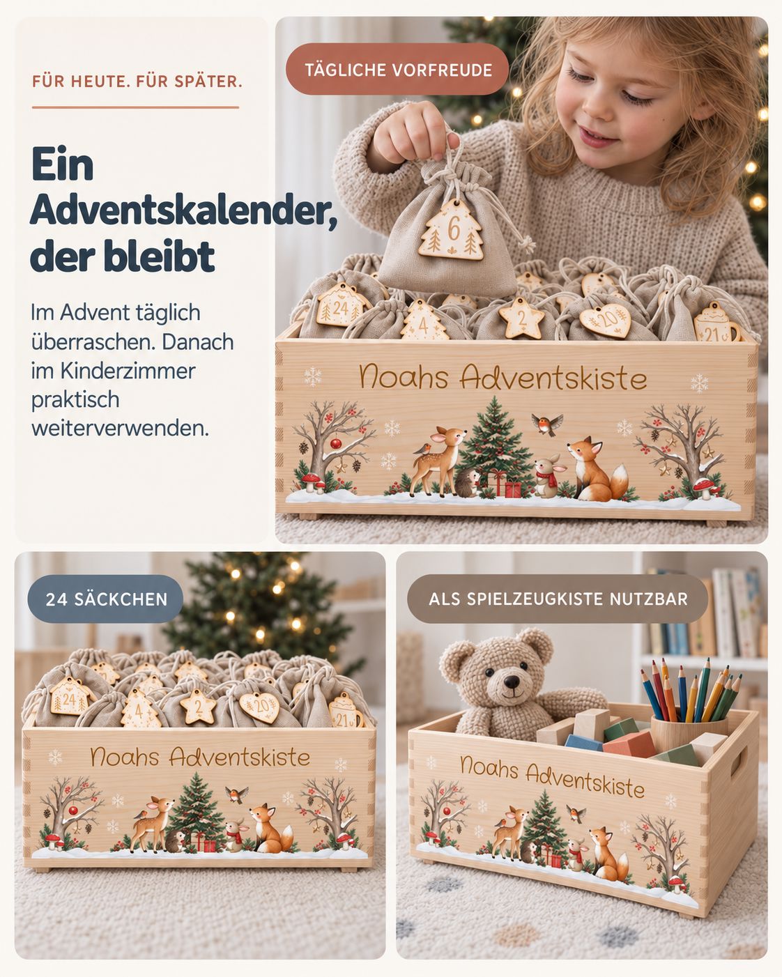 Adventskiste personalisiert für Kinder Motiv Waldtiere Reh und Fuchs Adventskalender MiniPiShop 