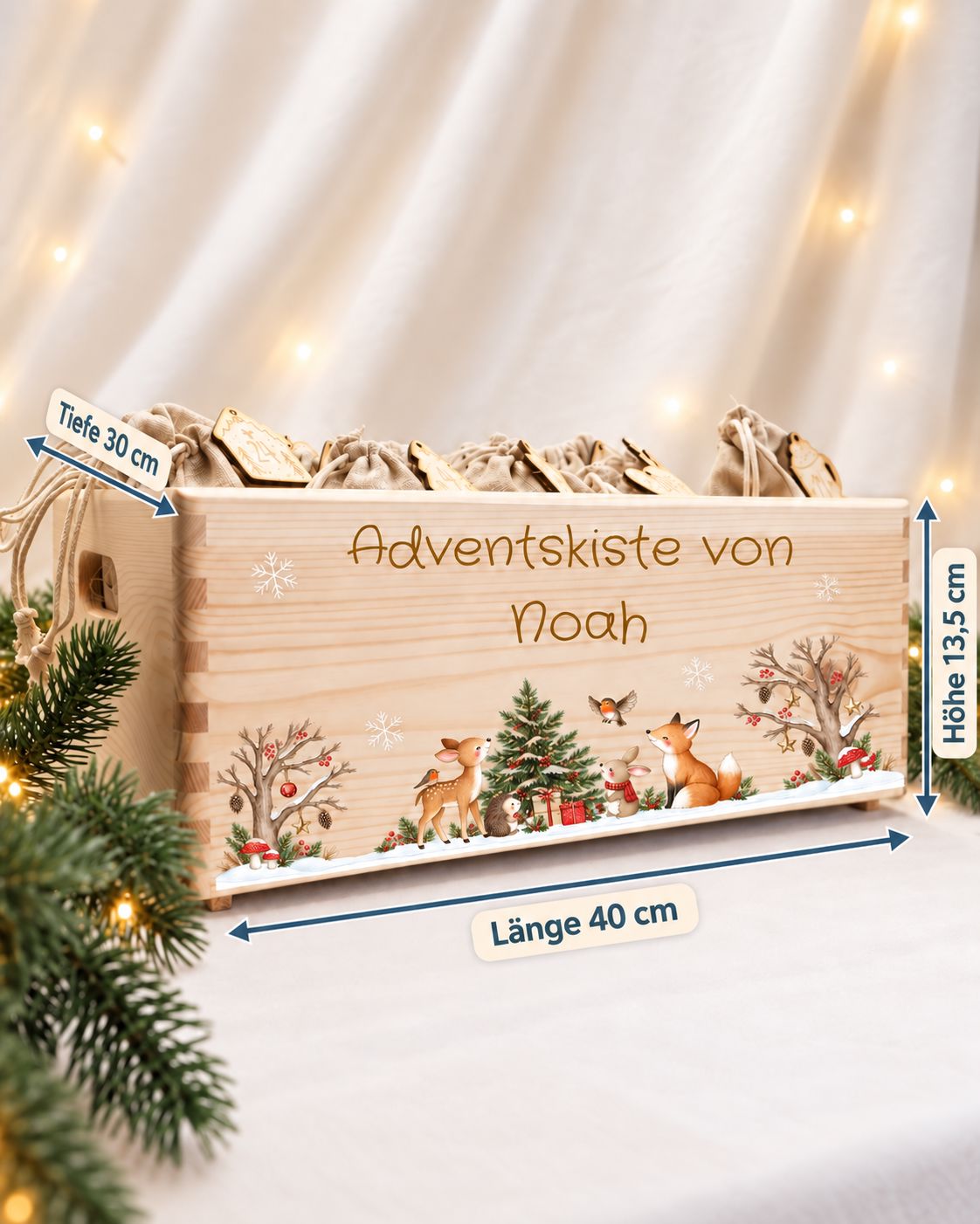 Adventskiste personalisiert für Kinder Motiv Waldtiere Reh und Fuchs Adventskalender MiniPiShop 