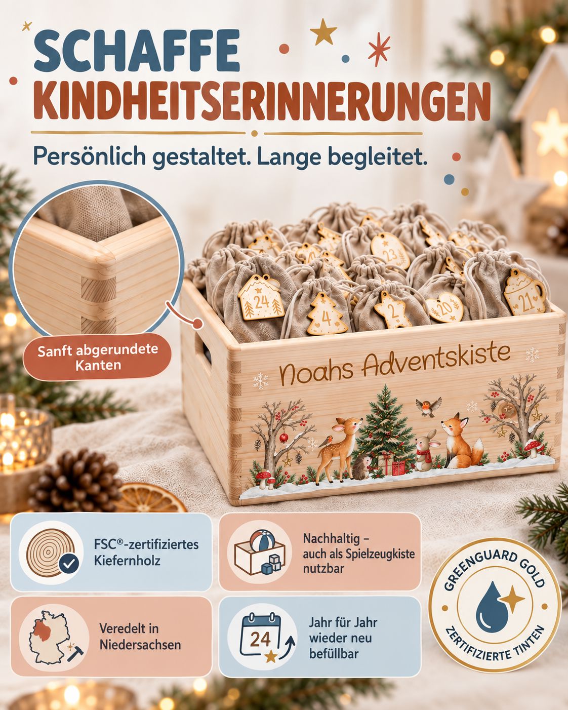 Adventskiste personalisiert für Kinder Motiv Waldtiere Reh und Fuchs Adventskalender MiniPiShop 