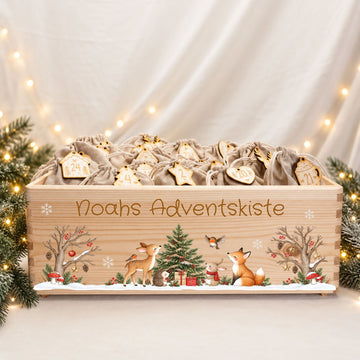 Adventskiste personalisiert für Kinder Motiv Waldtiere Reh und Fuchs Adventskalender MiniPiShop Komplett:Holzkiste+Zahlenanhänger+24 Säckchen 