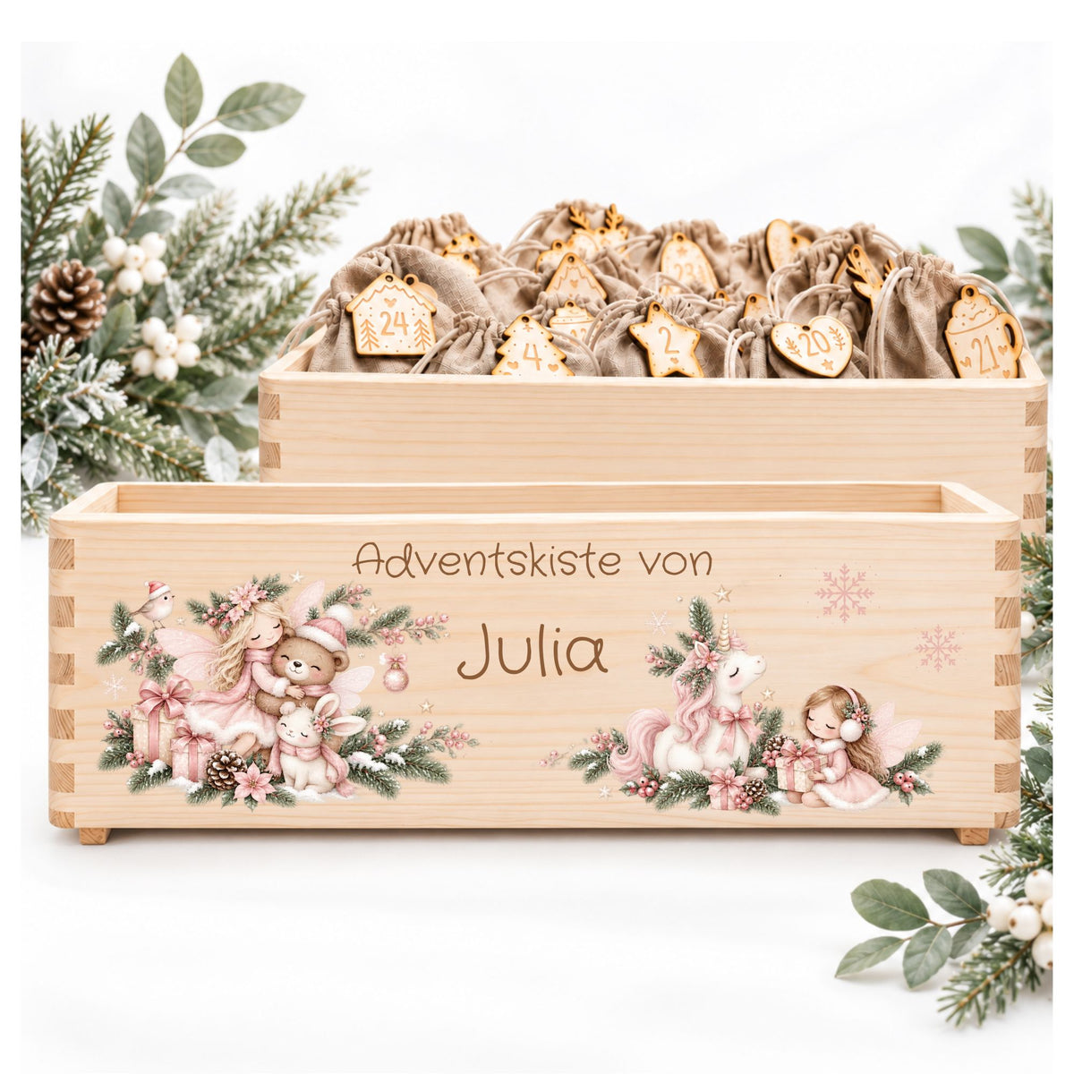 Adventskiste personalisiert für Mädchen Motiv rosa Einhorn und Fee Adventskalender MiniPiShop 