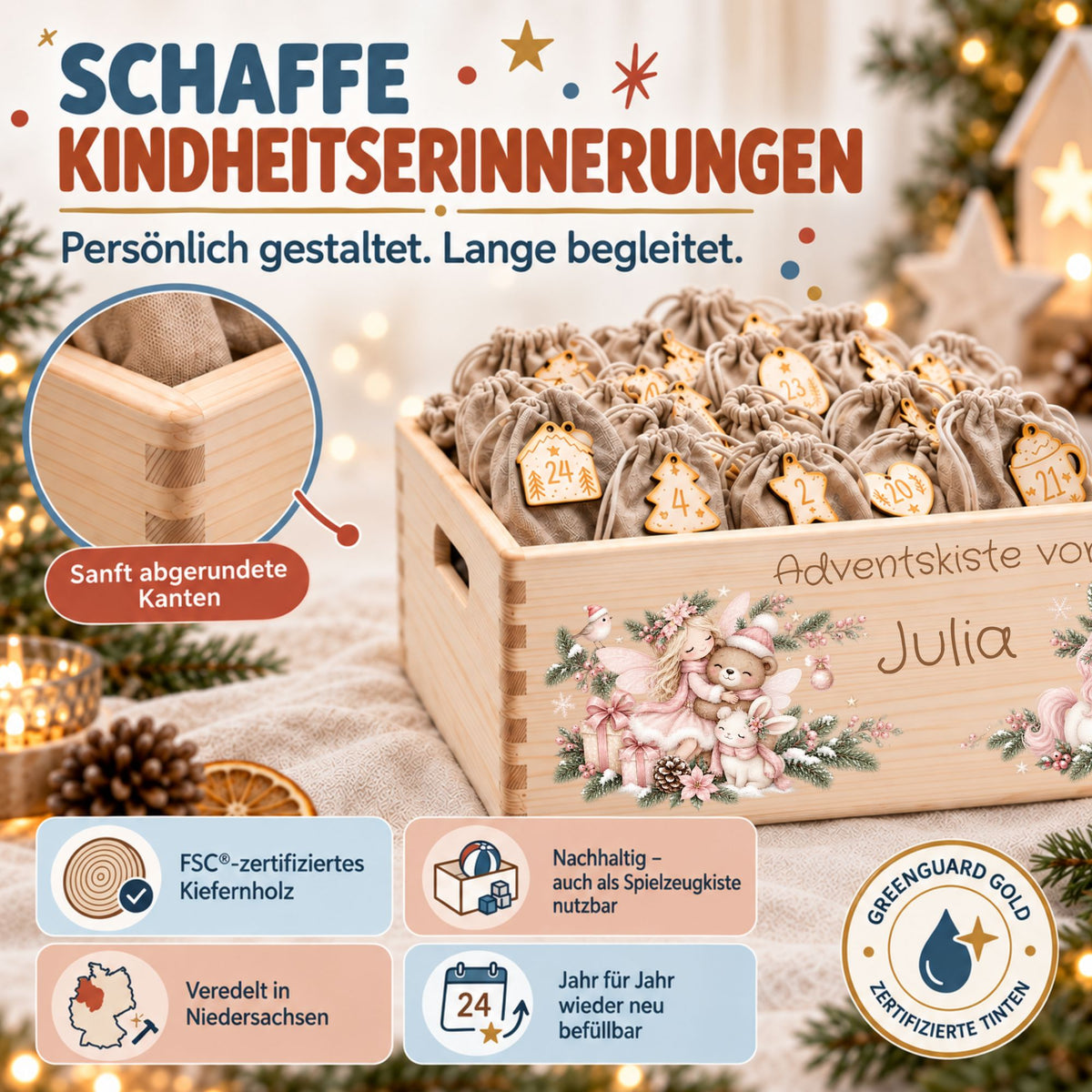 Adventskiste personalisiert für Mädchen Motiv rosa Einhorn und Fee Adventskalender MiniPiShop 
