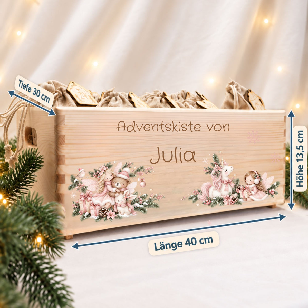 Adventskiste personalisiert für Mädchen Motiv rosa Einhorn und Fee Adventskalender MiniPiShop 