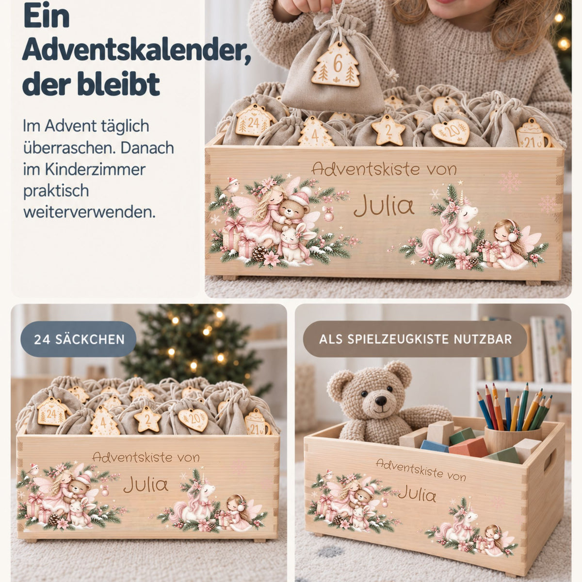 Adventskiste personalisiert für Mädchen Motiv rosa Einhorn und Fee Adventskalender MiniPiShop 