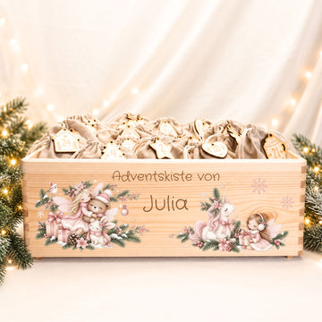 Adventskiste personalisiert für Mädchen Motiv rosa Einhorn und Fee Adventskalender MiniPiShop 