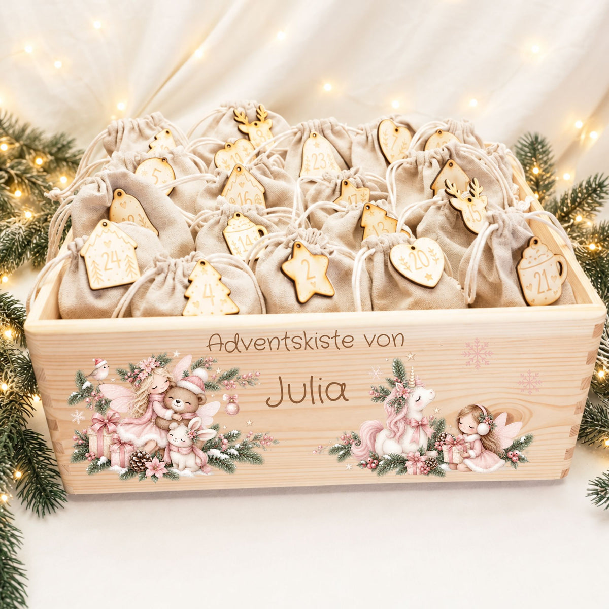 Adventskiste personalisiert für Mädchen Motiv rosa Einhorn und Fee Adventskalender MiniPiShop Komplett:Holzkiste+Zahlenanhänger+24 Säckchen 