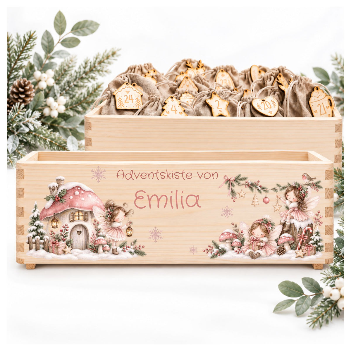 Adventskiste personalisiert für Mädchen Motiv rosa Fee Adventskalender MiniPiShop 