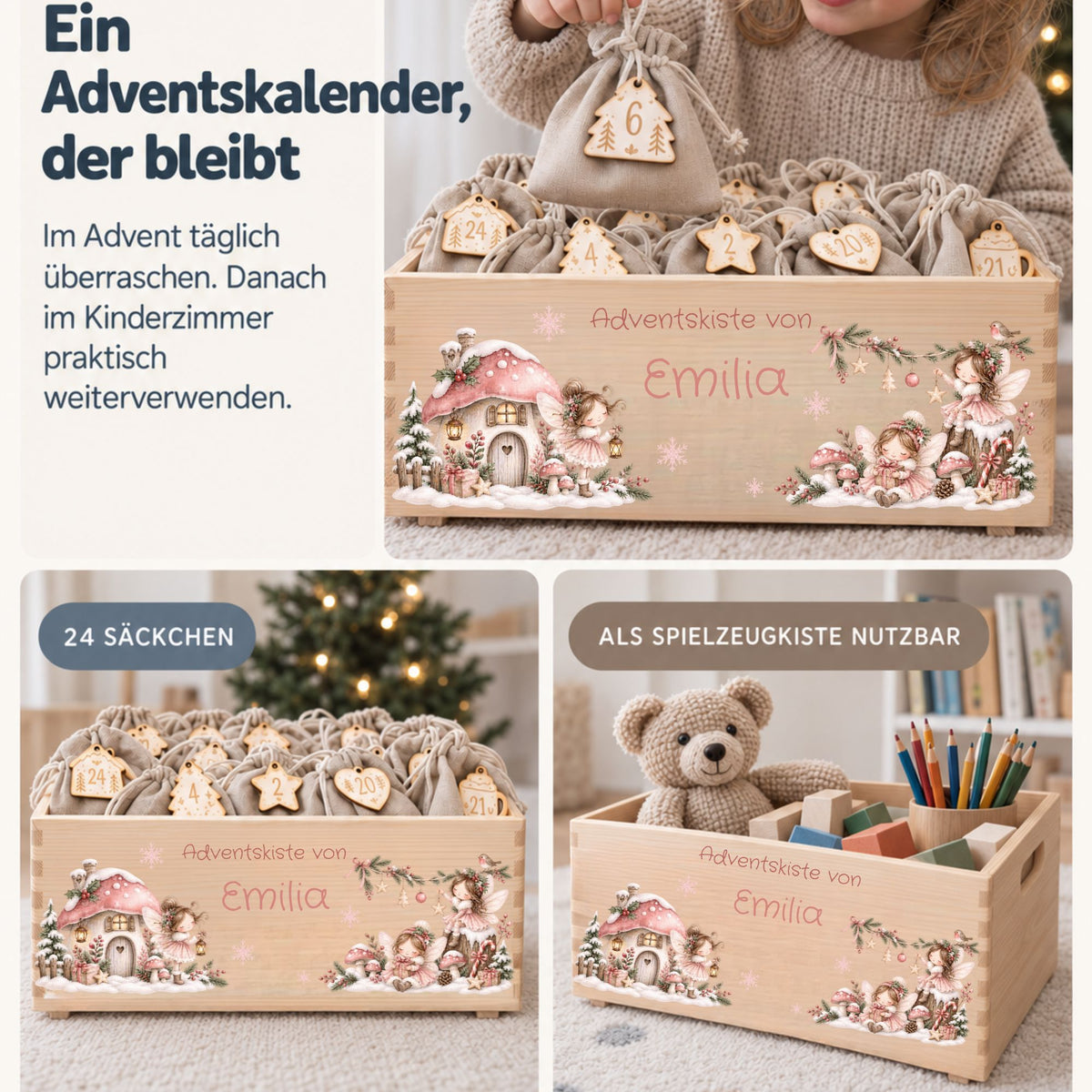Adventskiste personalisiert für Mädchen Motiv rosa Fee Adventskalender MiniPiShop 