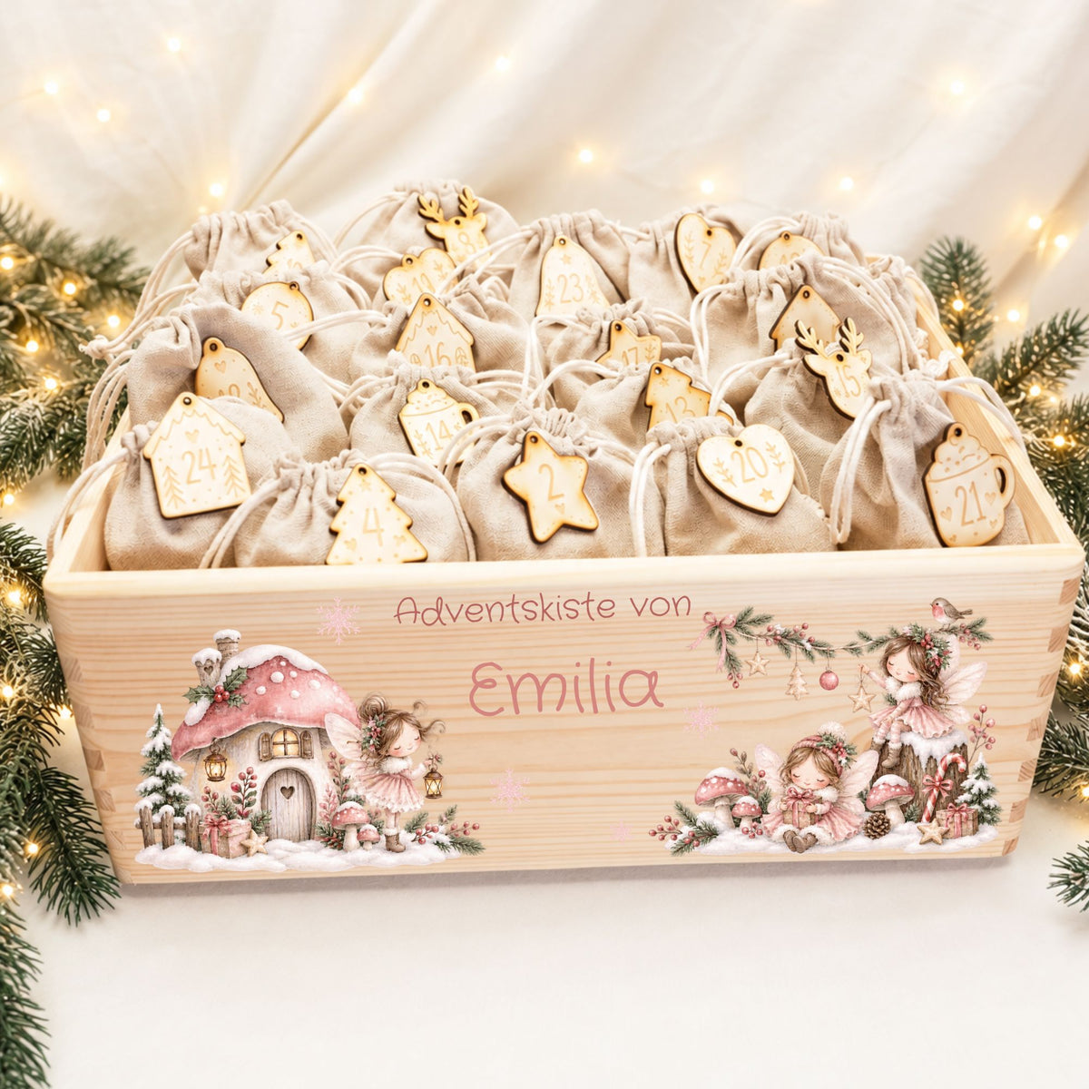 Adventskiste personalisiert für Mädchen Motiv rosa Fee Adventskalender MiniPiShop Komplett:Holzkiste+Zahlenanhänger+24 Säckchen 
