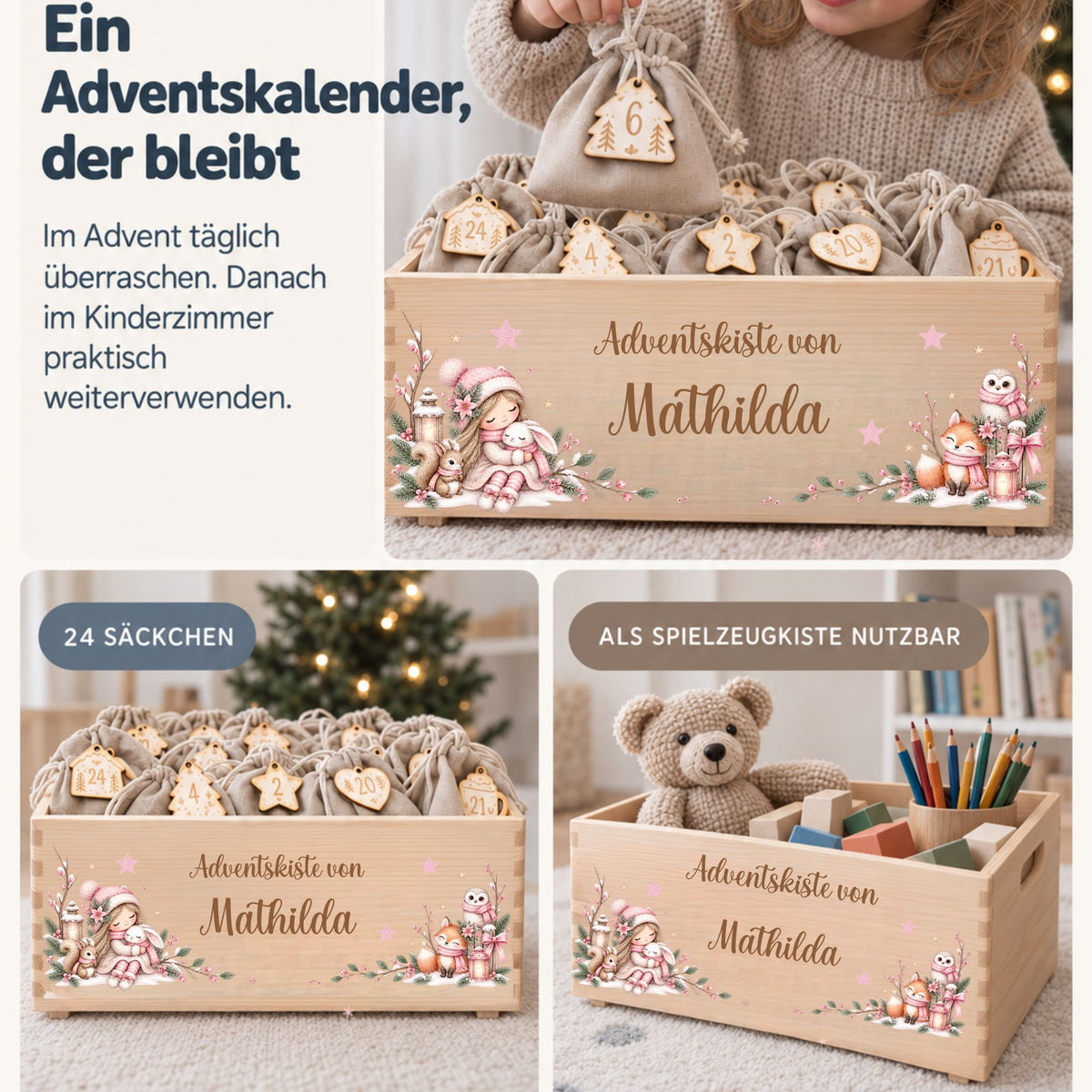 Adventskiste personalisiert für Mädchen rosa Hase Adventskalender MiniPiShop 