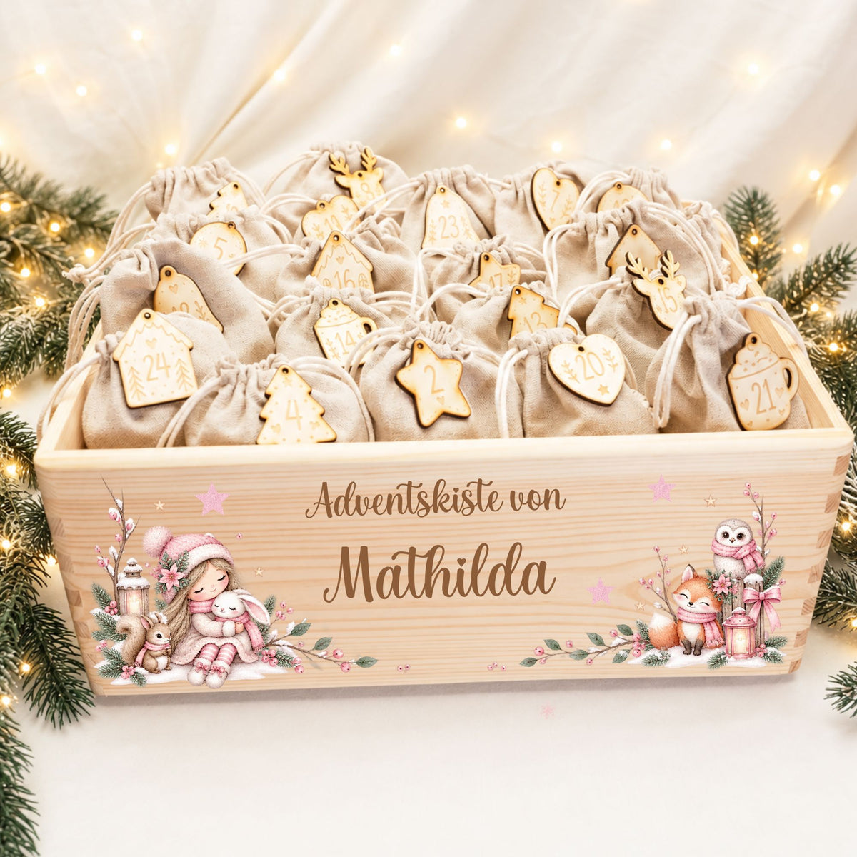 Adventskiste personalisiert für Mädchen rosa Hase Adventskalender MiniPiShop Komplett:Holzkiste+Zahlenanhänger+24 Säckchen 