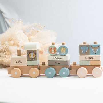 Holz Eisenbahn personalisiert- Geburtszug Safari Holz Zug Tiere MiniPiShop 