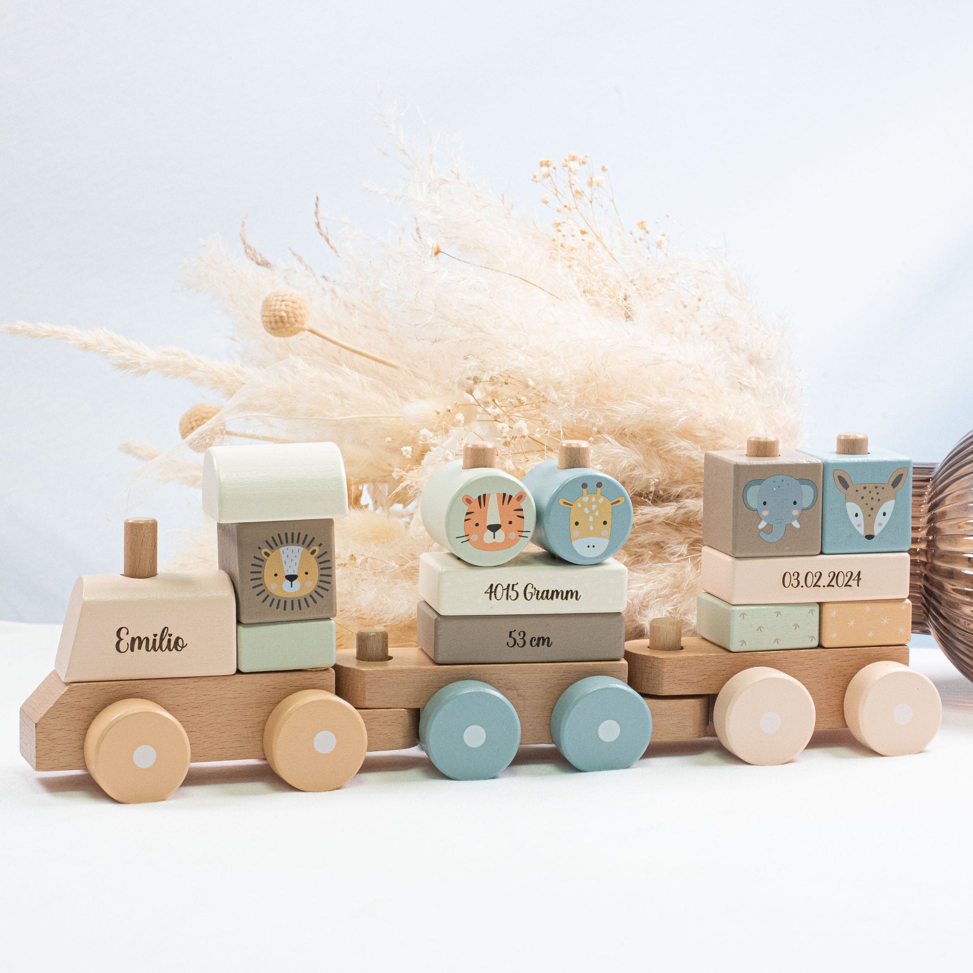 Holz Eisenbahn personalisiert- Geburtszug Safari Holz Zug Tiere MiniPiShop 