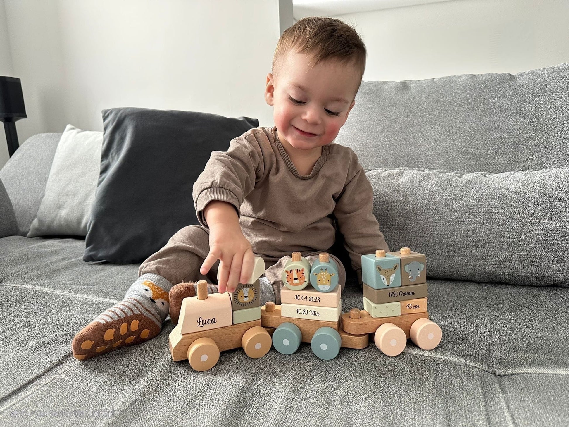 Holz Eisenbahn personalisiert- Geburtszug Safari Holz Zug Tiere MiniPiShop 