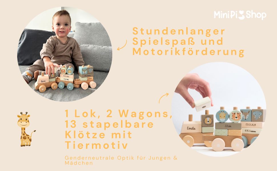 Holz Eisenbahn personalisiert- Geburtszug Safari Holz Zug Tiere MiniPiShop 